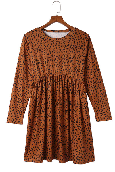 Brown Leopard Long Sleeve Babydoll Dress-Dresses-MomFashion