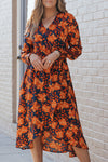 Orange Floral Print Faux Wrap Belted Dress-Dresses-MomFashion