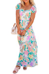 Multicolor Square Neck Puff Sleeve Tiered Floral Maxi Dress-Dresses-MomFashion