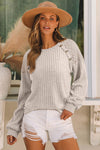 Parchment Contrast Lace Raglan Sleeve Buttoned Ribbed Top-Tops-MomFashion