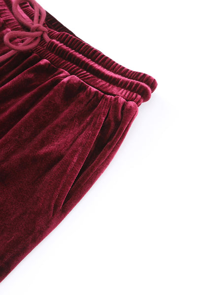 Fiery Red Solid Velvet Two Piece Lounge Set-Loungewear-MomFashion