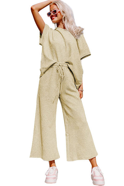 Apricot Textured Loose Fit T Shirt and Drawstring Pants Set-Loungewear-MomFashion