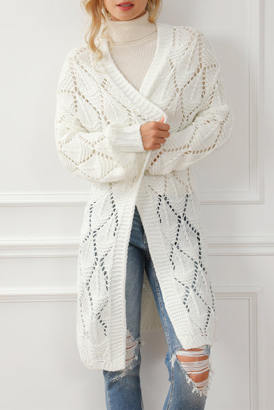 White Rhombus Hollowed Knit Open Front Cardigan-Tops-MomFashion