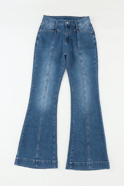 Blue High Waist Seam Stitching Pocket Flare Jeans-Bottoms-MomFashion