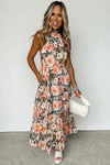 Black Boho Floral Print Knotted Halter Ruffled Maxi Dress-Dresses-MomFashion