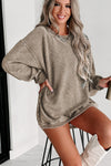 Khaki Solid Ribbed Knit Round Neck Pullover Sweatshirt-Tops-MomFashion