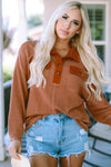 Brown Waffle Knit Button Contrast Trim Long Sleeve Top-Tops-MomFashion