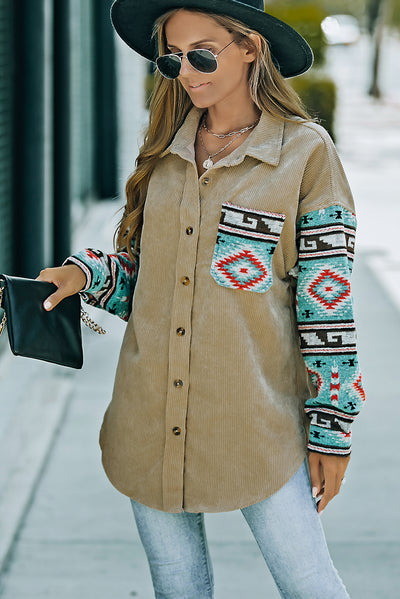 Khaki Aztec Pattern Sleeve Pocketed Corduroy Shacket-Outerwear-MomFashion