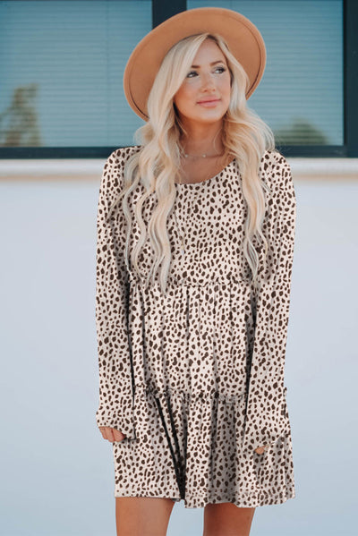 Leopard Animal Print Tiered Long Sleeve Dress-Dresses-MomFashion