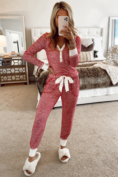 Red Stripe Buttoned V Neck Top and Knotted Waist Pants Lounge Set-Loungewear & Sleepwear/Loungewear-MomFashion