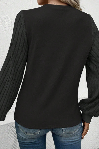 Black Contrast Ribbed Bishop Sleeve Top-Tops-MomFashion