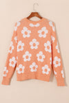 Grapefruit Orange Fuzzy Floral Knitted Drop Shoulder Sweater-Tops-MomFashion