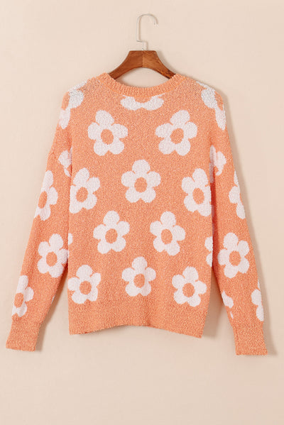 Grapefruit Orange Fuzzy Floral Knitted Drop Shoulder Sweater-Tops-MomFashion