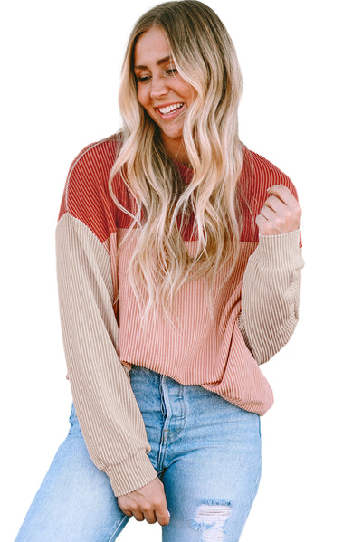 Fiery Red Color Block Long Sleeve Ribbed Loose Top-Tops-MomFashion