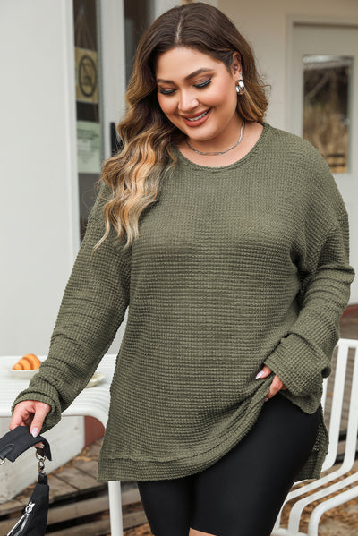 Moss Green Plus Size Textured Knit Long Sleeve Top-Plus Size-MomFashion