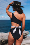 Black Asymmetric Cutout Belted One-piece Swimwear-Swimwear-MomFashion