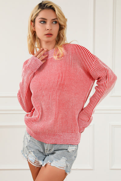 Striped Print Ribbed Trim Round Neck Sweater-Tops-MomFashion