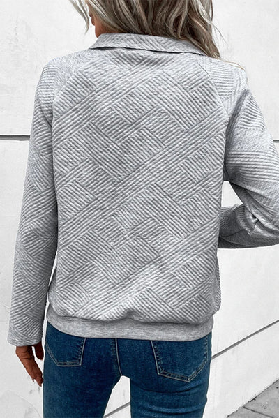 Light Grey Textured Knit Buttoned Kangaroo Pocket Sweatshirt-Tops-MomFashion