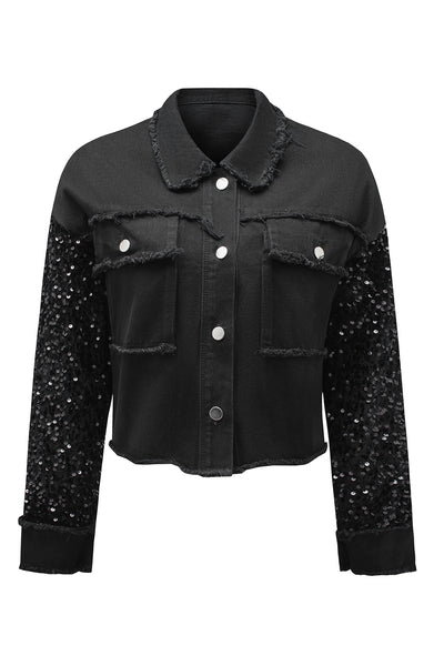 Black Sequin Sleeve Pocketed Raw Hem Denim Jacket-Outerwear-MomFashion