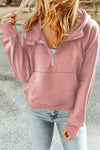 Pink Quarter Zip Kangaroo Pocket Hoodie-Tops-MomFashion