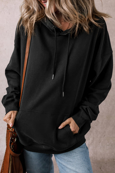 Black Fleece Lined Kangaroo Pocket Drawstring Chunky Hoodie-Tops/Sweatshirts & Hoodies-MomFashion