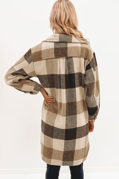 Khaki Plaid Button-Down Flap Pocket Long Shacket-Outerwear-MomFashion