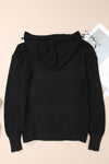 Black V Neck Ribbed Drop Shoulder Hooded Sweater-Tops-MomFashion