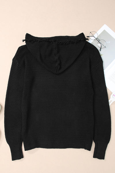 Black V Neck Ribbed Drop Shoulder Hooded Sweater-Tops-MomFashion