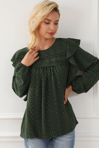 Blackish Green Lace Eyelet Ruffle Shoulder Long Sleeve Blouse-Tops-MomFashion