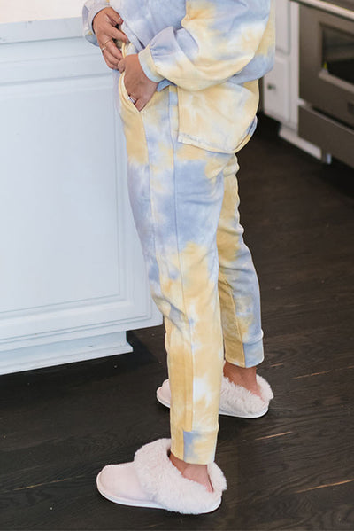 Multicolor Tie Dye Henley Top and Drawstring Pants Outfit-Loungewear-MomFashion