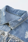 Sky Blue Sequin Embellished Fringe Distressed Denim Jacket-Outerwear-MomFashion