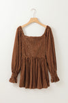 Chestnut Smocked Ribbed Velvet Babydoll Top-Tops-MomFashion