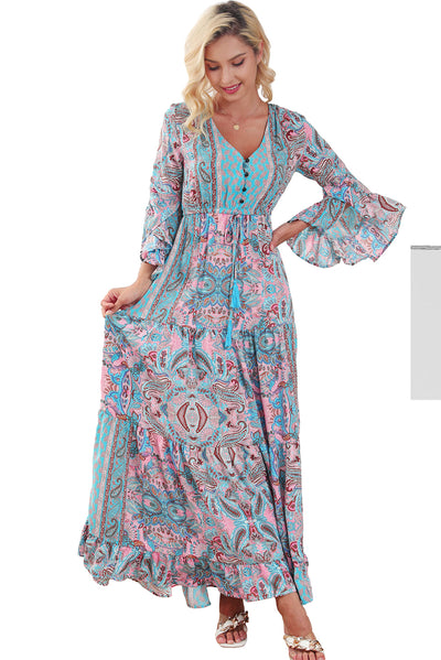 Paisley Printed Ruffle Trim Elegant Maxi Dress-Dresses-MomFashion