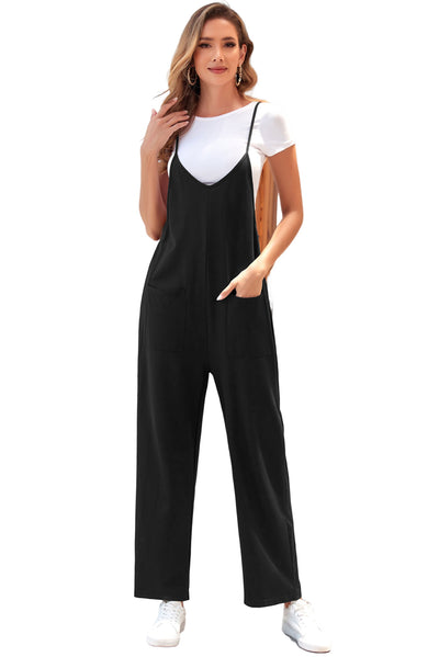 Black Pocketed Adjustable Spaghetti Strap Straight Leg Jumpsuit-Bottoms-MomFashion