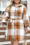 Khaki Plus Size Plaid Flounce Sleeve Button up Shirt Dress-Plus Size-MomFashion