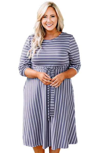 Gray Striped Tie Waist 3/4 Sleeve Plus Size Dress-Plus Size-MomFashion