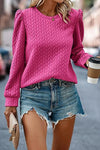 Rose Red Cable Textured Puff Sleeve Sweatshirt-Tops-MomFashion