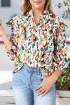 Multicolor Abstract Print 3/4 Puff Sleeve Ruffle Blouse-Tops-MomFashion