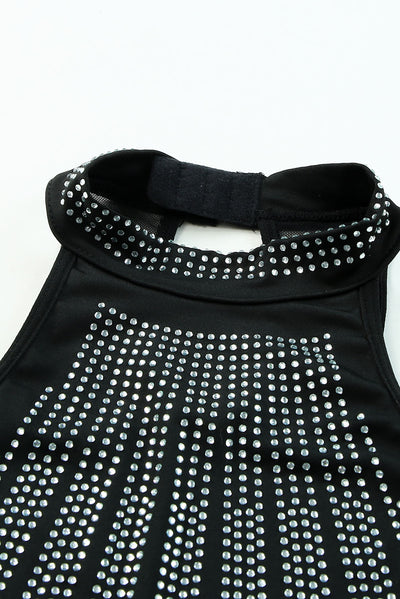 Black High Neck Sleeveless Diamante Bodysuit-Tops-MomFashion