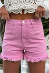 Pink Frayed Edge Mid Rise Denim Shorts-Bottoms-MomFashion