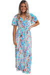 Green Wrap V Neck Floral Maxi Dress-Dresses-MomFashion