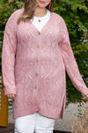 Pink Open Knit Button-Up Plus Size Cardigan-Plus Size-MomFashion