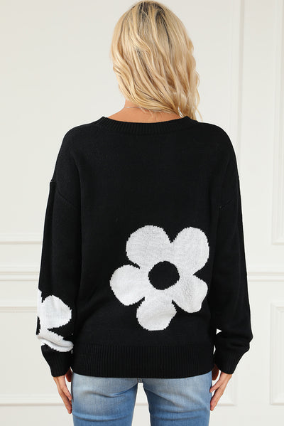 Black Big Flower Pattern Knit Sweater-Tops-MomFashion