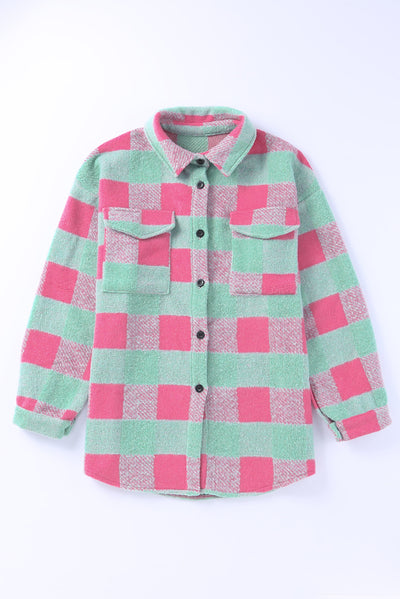 Pink Plaid Pattern Oversized Shacket-Outerwear-MomFashion