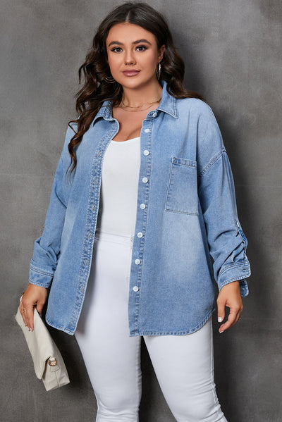 Sky Blue Plus Size Chest Pocket Button-Up Denim Shacket-Plus Size-MomFashion