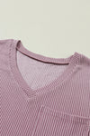 Valerian Corded V Neck Chest Pocket Loose T-shirt-Tops-MomFashion