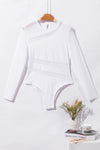 White Mesh Splicing Back Cutout Long Sleeve Bodysuit-Tops-MomFashion