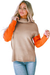 Khaki Color Block Turtle Neck Drop Shoulder Knit Sweater-Tops-MomFashion