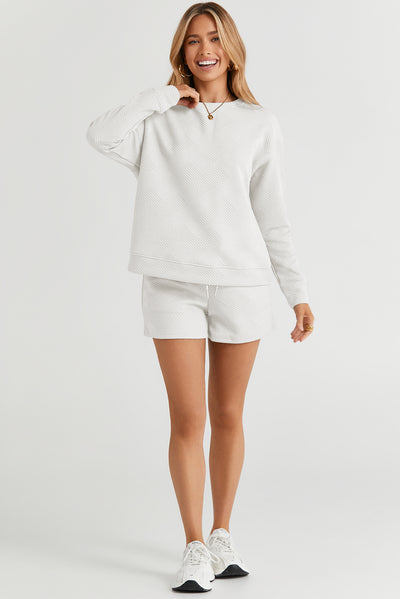 White Textured Long Sleeve Top and Drawstring Shorts Set-Loungewear-MomFashion