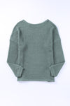 Green Waffle Knit Drop Shoulder Long Sleeve Top-Tops-MomFashion